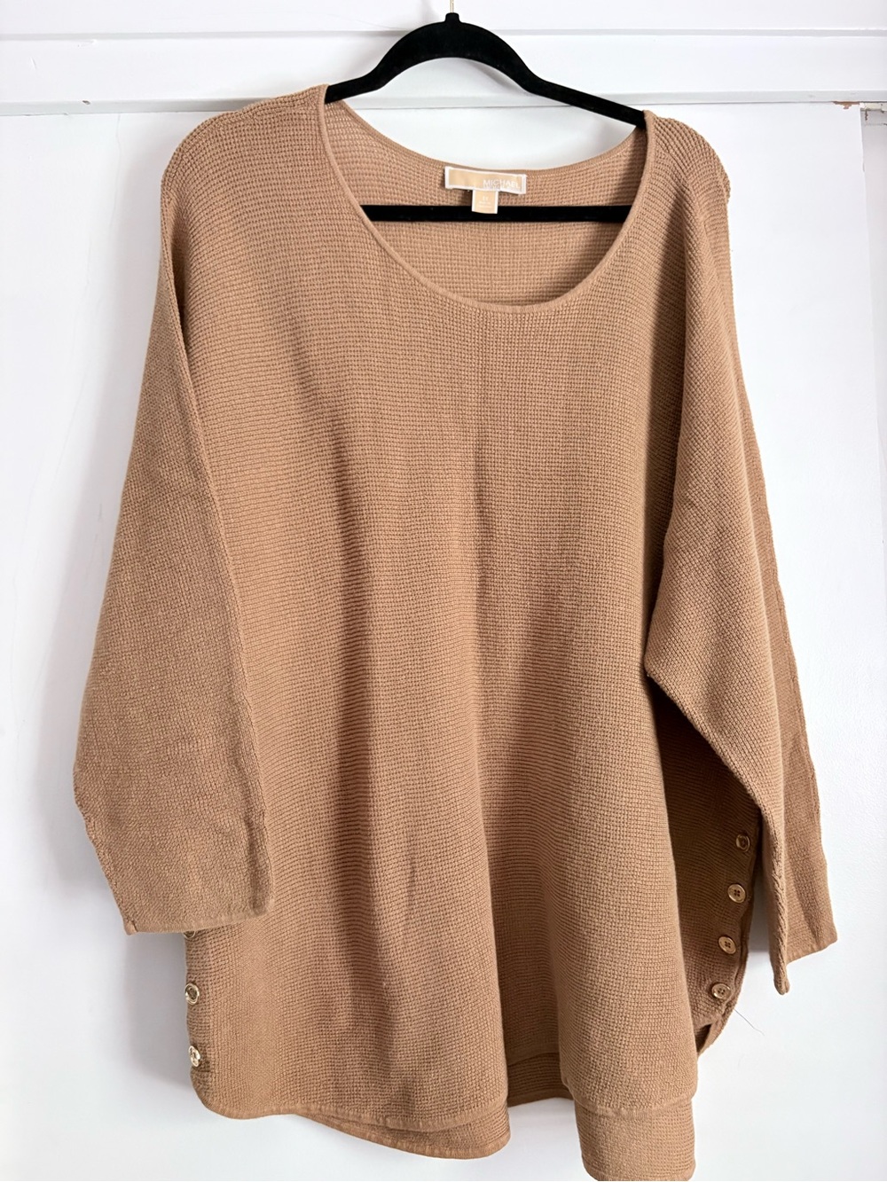 Michael Kors Camel Waffle Knit Button-Side Tunic Sweater